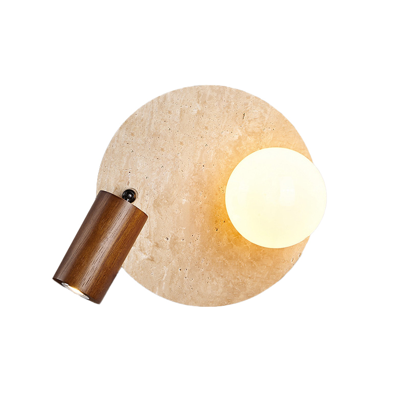 EPWL9085 Wabi-Sabi Dual Light Wall Sconce | E14 Globe + Adjustable Spot Wall Lamp | Stone Texture Backplate with Wooden Accent