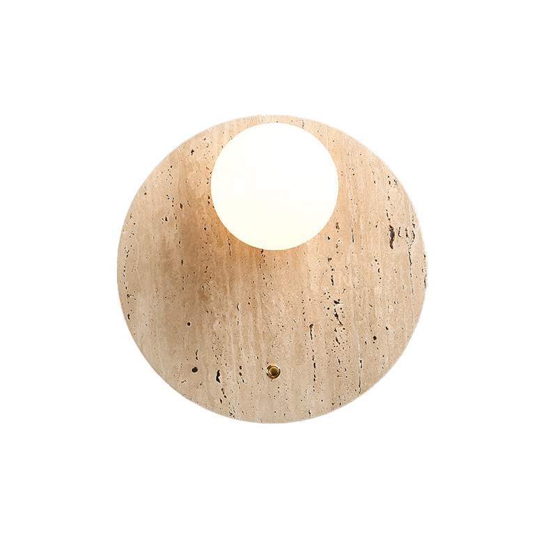 EPWL9087 Wabi-Sabi Wall Lamp with Brass Button Switch | E14 Round Stone Texture Sconce | Minimalist Bedside Light Fixture