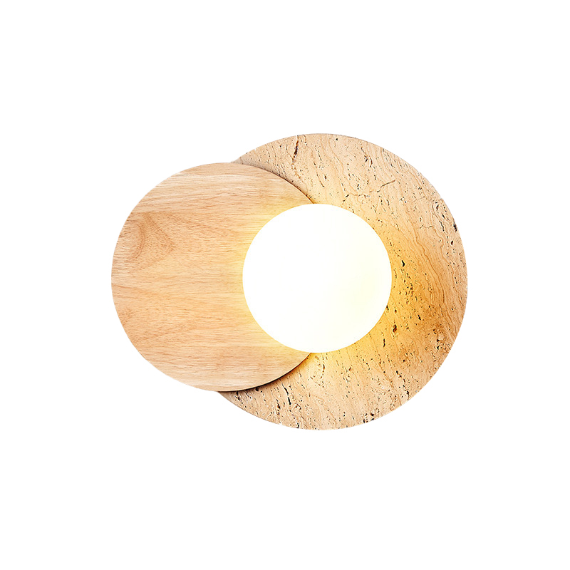 EPWL9093 Moon Over Stone Wall Lamp | Wabi-Sabi Minimalist E14 Globe Light | Natural Wood and Stone Texture Decorative Sconce
