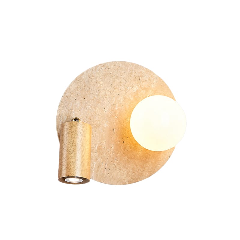 EPWL9094 Dual Head E14 Wall Light with Wood Accent | Wabi-Sabi Minimalist Globe and Spot Sconce | Round Stone Texture Wall Lamp