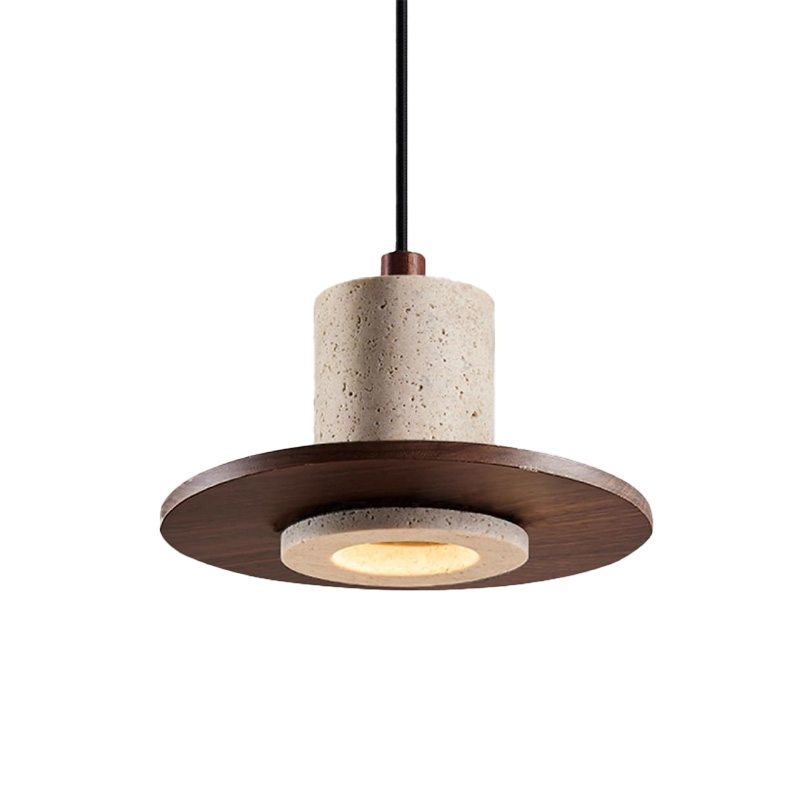 EPPL9138 Modern Stone Pendant Light with Wood Disc Shade, Minimalist Hanging Lamp for Dining Room Kitchen Island