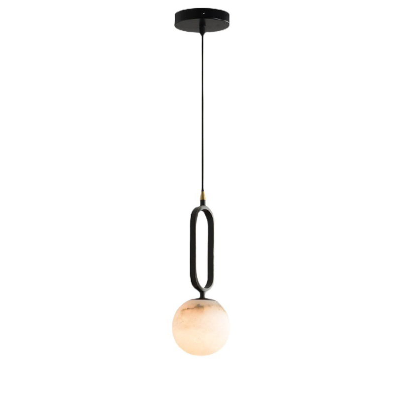 EPPL0703Modern Alabaster Globe Pendant Light Black Frame Decorative Hanging Lamp