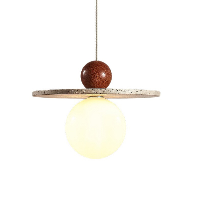 EPPL0726Modern Stone Pendant Light Wooden Accent Disc Hanging Lamp