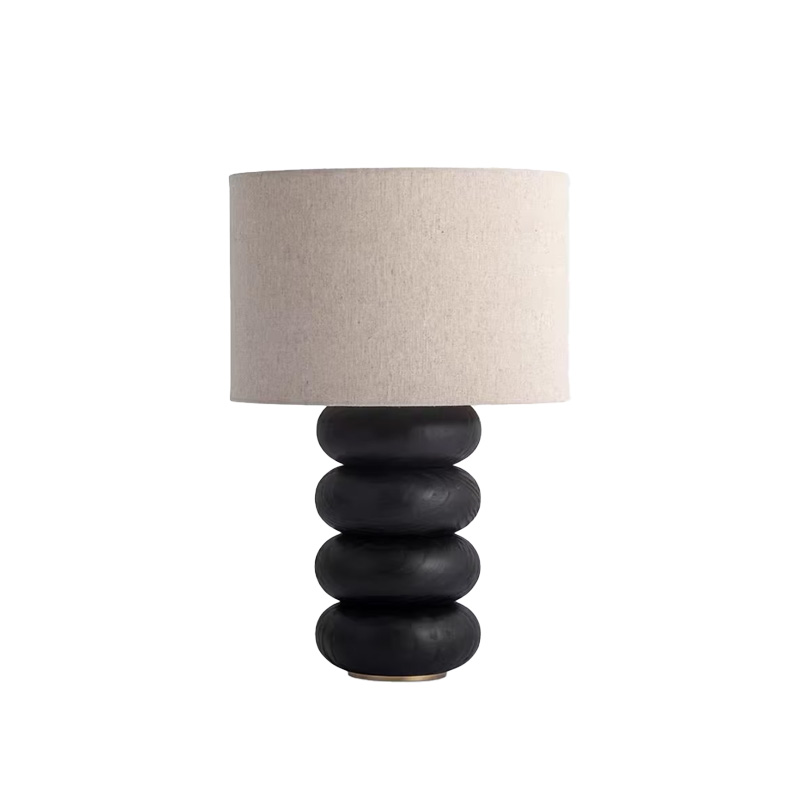 EPTL0751Modern Wooden Table Lamp Black Stacked Base Linen Shade